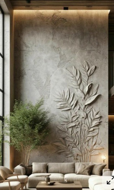 Mural 3D Composición Botánica en relieve — ROBLE AZUL Montevideo Uruguay. Técnica: relieve en pasta. Hotel boutique.